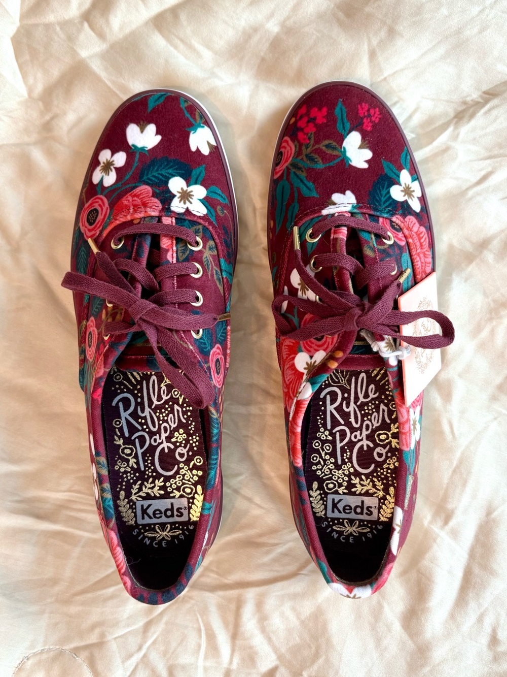 NWT Keds x Rifle Paper Co. Burgundy Velvet Floral Sneakers — Women’s 6/36